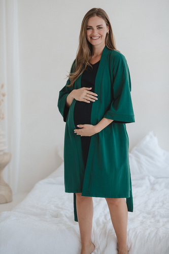 Umstandsbademantel Milk&Love, Flaschengrün – Baumwolle mit Elasthan, bequem, 7/8-Ärmel