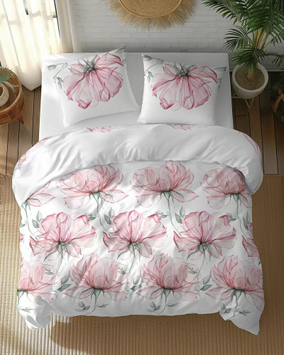5770 A Cotton Bloom Detexpol weiße Baumwollbettwäsche mit großen rosa Blüten – 100 % Baumwolle, doppelseitig, polnische Produktion