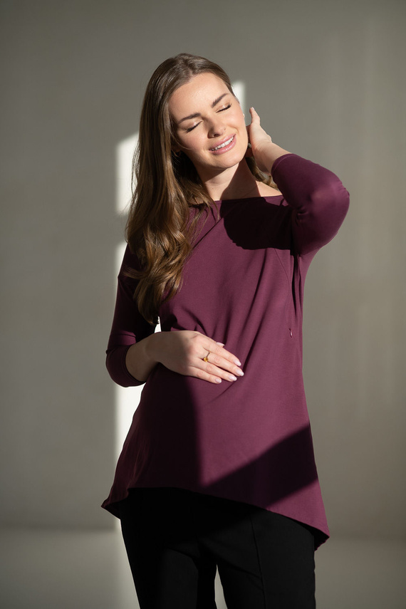Umstands- und Stilltunika „Mommy Mauve Wine Milk&Love“ – Oversized-Bluse mit verdeckten Reißverschlüssen, Öko-Tex-Baumwolle