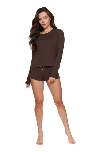 Damen-Pyjama Doctor Nap 7544 Choco 100% Baumwolle Langarm Shorts