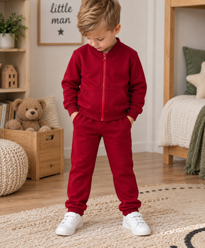 Mamatti DR920 bordeauxfarbener Kinder-Jogginganzug aus Baumwolle mit Reißverschluss, Stehkragen, Hose und Taschen