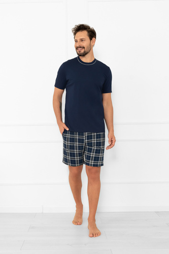 Herren-Schlafanzug Andreas - Baumwolle, kurze Ärmel und karierte Shorts Italian Fashion - navy blue/print