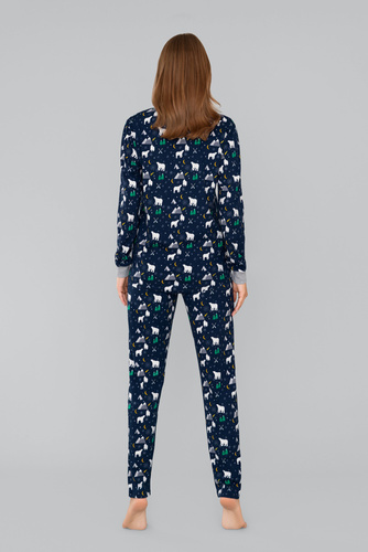 Ava Damen Schlafanzug mit langen Ärmeln und Hose Italian Fashion - marineblauer Druck