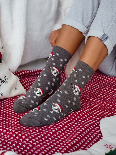 1283-039 Milena Socken – Damen-Weihnachtssocken mit Bulldoggen und Schneeflocken, Dunkelmeliert