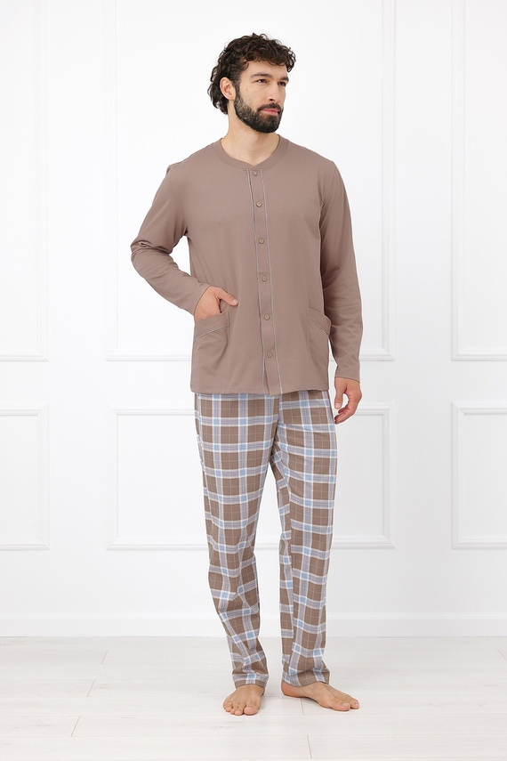 Italian Fashion Wilhelm Herren-Pyjama 100% Baumwolle Knöpfe Kariert - Cappuccino