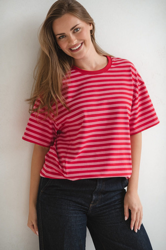 Mamahood Milk&Love Schwangerschafts- und Still-T-Shirt, rot-rosa gestreift – bequem und stilvoll