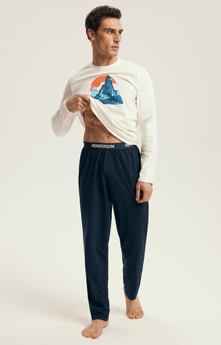 43475 Loji Henderson Core Herrenpyjama weiß – Baumwollset mit Bergdruck