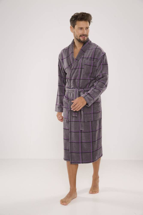 803 / 819 Twin Forex Frottee-Morgenmantel für Herren - grau mit lila Karos (grau kariert)
