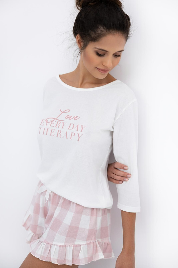 Emily Sensis – Baumwollpyjama für Damen | 3/4-T-Shirt und karierte Shorts mit Rüschen