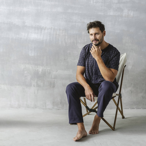 Ricardo Herren Schlafanzug mit kurzen Ärmeln, lange Hose Italienische Mode - navy blau