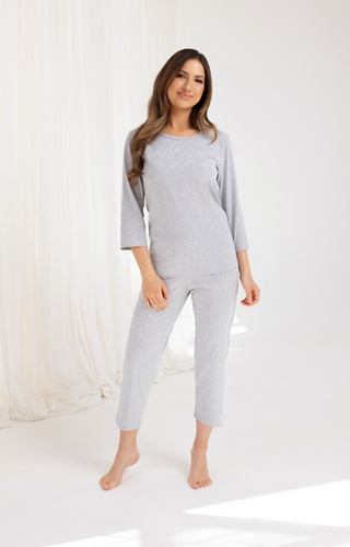 724 Regina Damen-Baumwollpyjama, grau – T-Shirt mit 3/4-Ärmeln + 7/8-Hose
