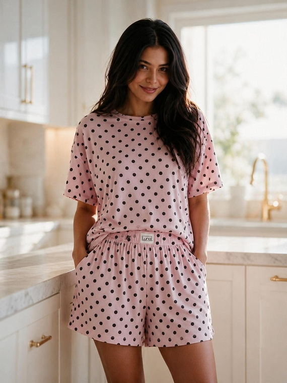 Luna 1311 Damen Baumwoll-Pyjama Kurz mit Punkten 100% Baumwolle Rosa