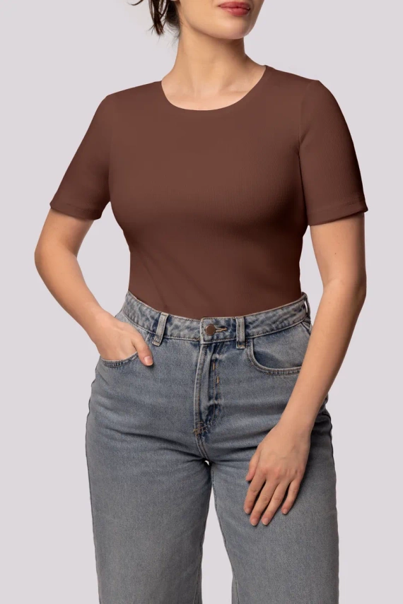 Geripptes Mona-Damen-T-Shirt mit Streifen, Schokolade