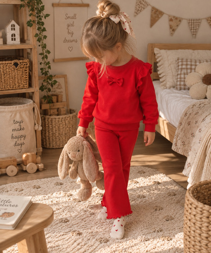 Mamatti DR714 roter Mädchen-Jogginganzug aus Baumwolle mit Schleifenpullover und Schlagleggings