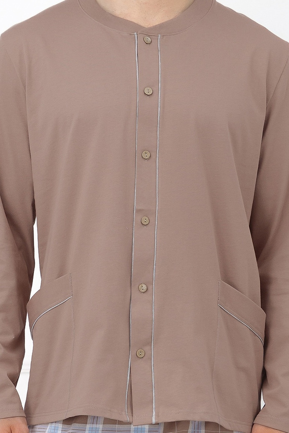 Italian Fashion Wilhelm Herren-Pyjama 100% Baumwolle Knöpfe Kariert - Cappuccino