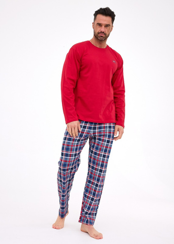 124/312 Ready 3 Cornette Burgund – Herren-Pyjama aus Baumwolle, lange Ärmel, karierte Hose