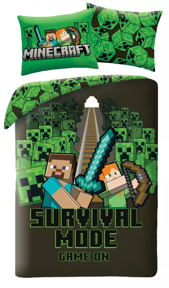 Bettwäsche Halantex Minecraft 140x200 Grün-Schwarz mit Kissenbezug 70x90