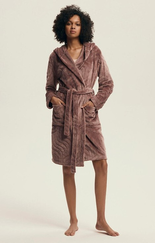 43602 Devyn Damen-Bademantel mit Kapuze Henderson Mahagoni – kurz, warm, Samt