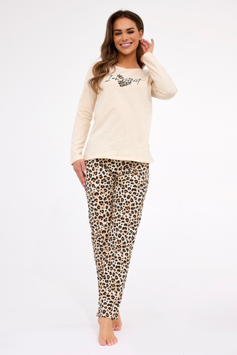 DR 655/439 Cornette Damenpyjama, beige Leopard, lange Baumwolle