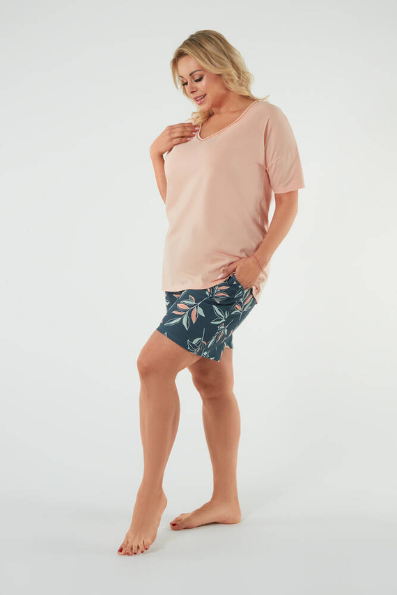 Julietta Damen Schlafanzug mit kurzen Ärmeln, Shorts Italian Fashion - lachs/print