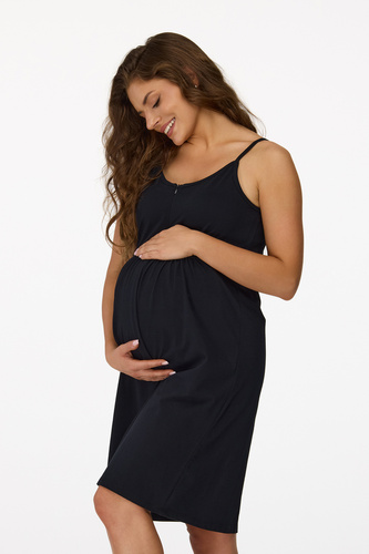 Ja. 27 Schwarzes Umstandsnachthemd Senizo – 100 % Baumwolle, Reißverschluss zum Stillen, Träger