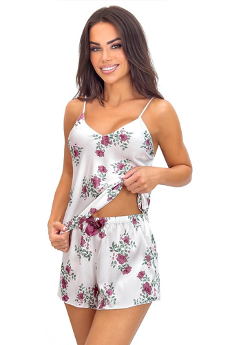 Julia 1/2 Ecru Pyjamas Flowers Donna – Satin-Pyjama mit verstellbaren Trägern und Blumenmuster