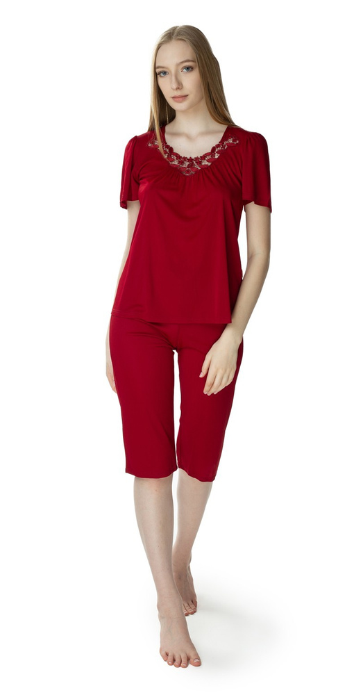 3639 Matylda Damenpyjama Möwe burgunderrot – Viskoseseide, polnisches Produkt, Länge 3/4