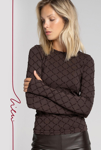 Damenbluse Zień 43154 Seamless Monogram Gatta – schwarze nahtlose Premium-Bluse mit Monogramm, langen Ärmeln und Daumenlöchern