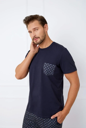 Rajmund Herren Kurzarm-Pyjama, Shorts Italian Fashion - navy blau/print