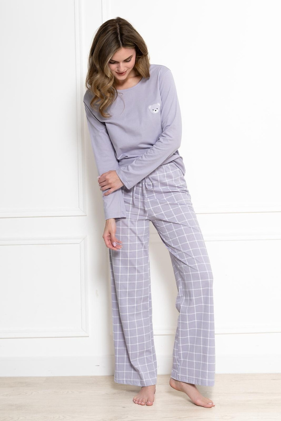 Damen-Pyjama Leveza 1781 Laura Flieder 100% Baumwolle Bär Karo