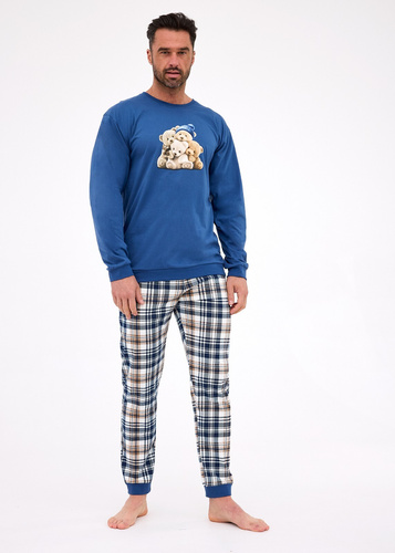115/292 Cornette Bears Herrenpyjama | Baumwolle, Teddybär-Print, Jeansfarbe, Bündchen