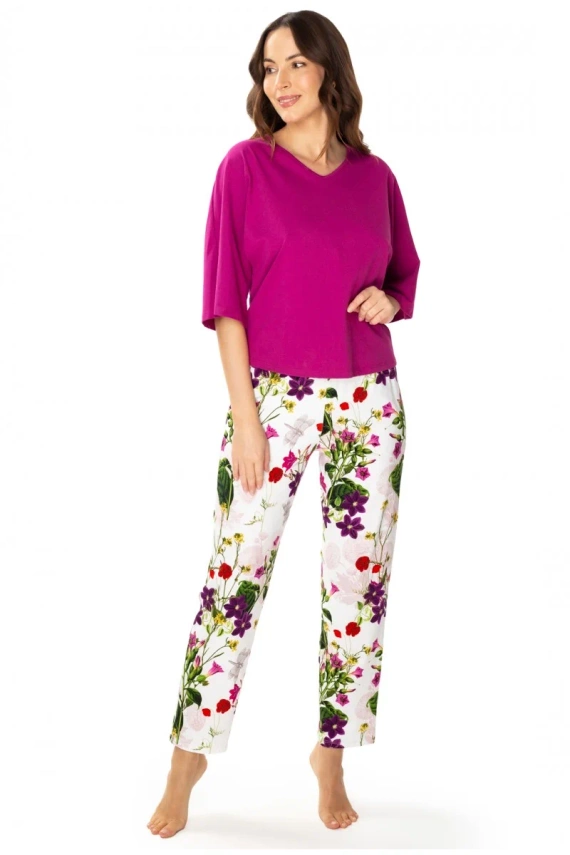 86668 Nataly Damenpyjama Möwe dunkelrosa Blumen