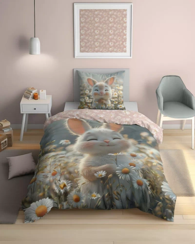 5548 A Fluo 95 Im Dunkeln leuchtende Bettwäsche, Hase in Blumen, 100 % Baumwolle | Für Kinder Detexpol