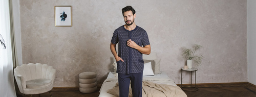 Ricardo Herren Schlafanzug mit kurzen Ärmeln, lange Hose Italienische Mode - navy blau