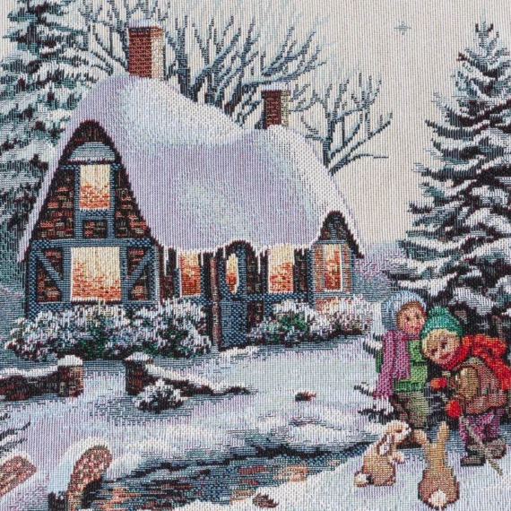 4051 Gobelin-Weihnachtstischdecke Schneeweißes graues Haus Graue Euro-Vorhänge