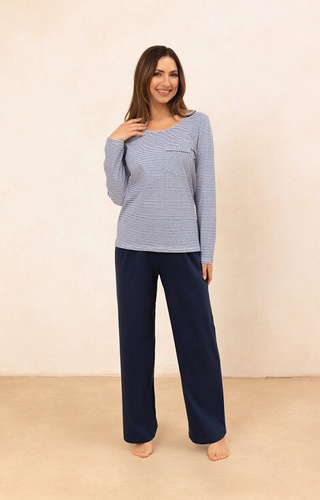 715 Regina Damenpyjama, marineblau – Baumwolle, gestreiftes T-Shirt mit Tasche