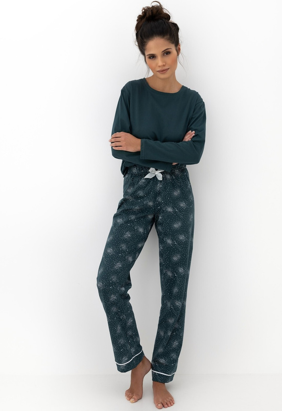 Sensis Damen-Pyjama „June“, Grün – Baumwollpyjama mit langen Ärmeln und gemusterter Hose