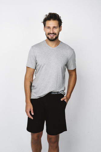 Dallas Herren Kurzarm-Pyjama, Shorts Italian Fashion- melange/schwarz