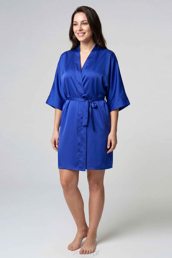 Unikat Elodie Damen Satin-Bademantel 3/4 Chabrowy, zum Binden
