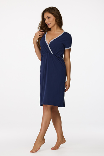 Ja. 36 Senizo Umstandsnachthemd, Marineblau – 100 % Baumwolle, Spitze, kurze Ärmel, zum Füttern