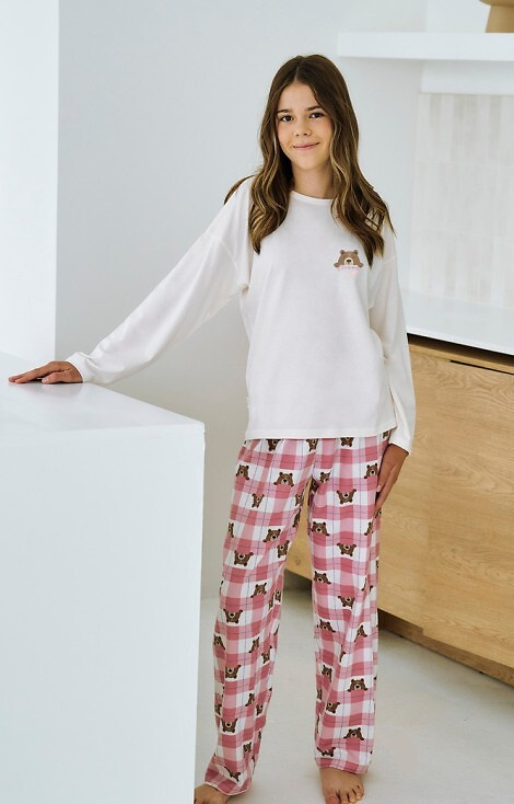 3503 Astrid Taro Mädchenpyjama Beige – Baumwolle, bedruckt, karierte Hose