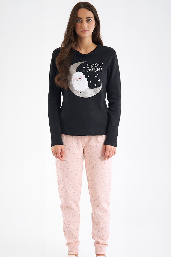 Shearly Piżama damska Sorbetto czarna – 100% bawełna, aplikacja 3D, spodnie z ściągaczami