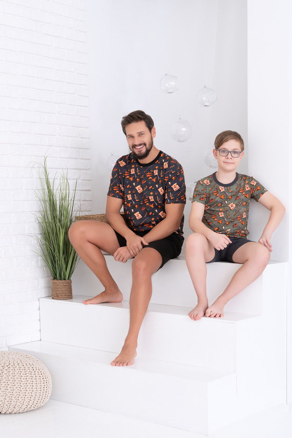 Western Jungen Schlafanzug mit kurzen Ärmeln, Hose Italian Fashion - olive/graphit