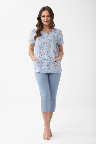 Damen Baumwollpyjama Luna 1304 mit Knöpfen und 3/4-Hose Blumen