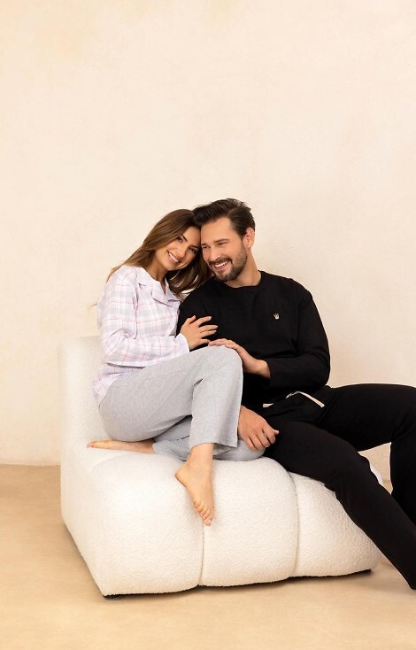 727 Damen-Pyjama Regina grau – 100 % Baumwolle, kariert, Hemd mit Knöpfen