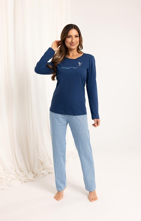 714 Regina Damen-Pyjama, Marineblau – Baumwolle, lange Ärmel, karierte Hose