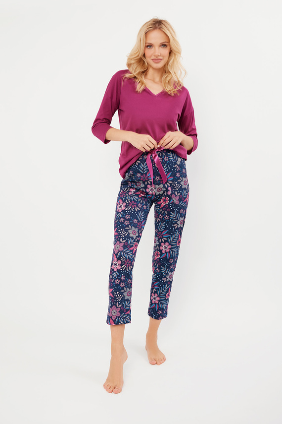 Folk Damen Schlafanzug 3/4 Ärmel, 7/8 Hose Italian Fashion - brombeer/print