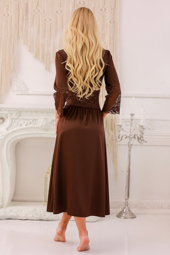 Damen-Peniuar Kalimo Mindanao lang, Satin mit Spitze und Shorts - braun mono