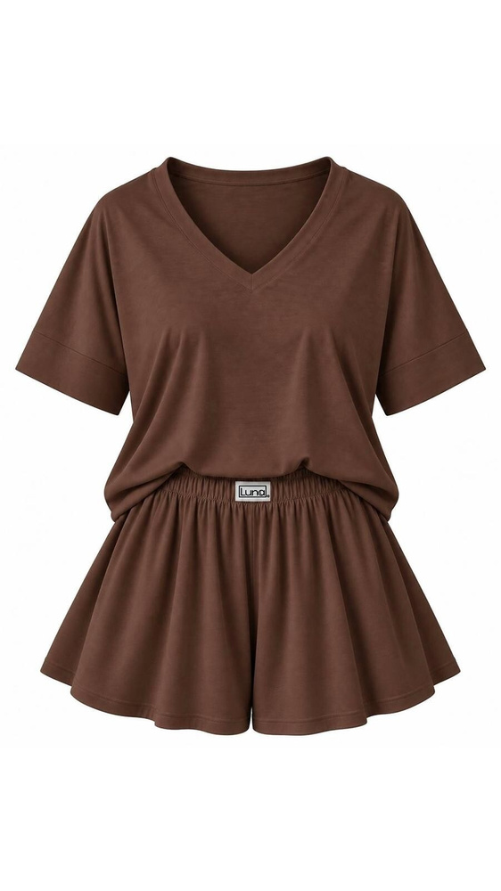 Luna 1313 Damen-Pyjama braun 100% Baumwolle T-Shirt und kurze Hose