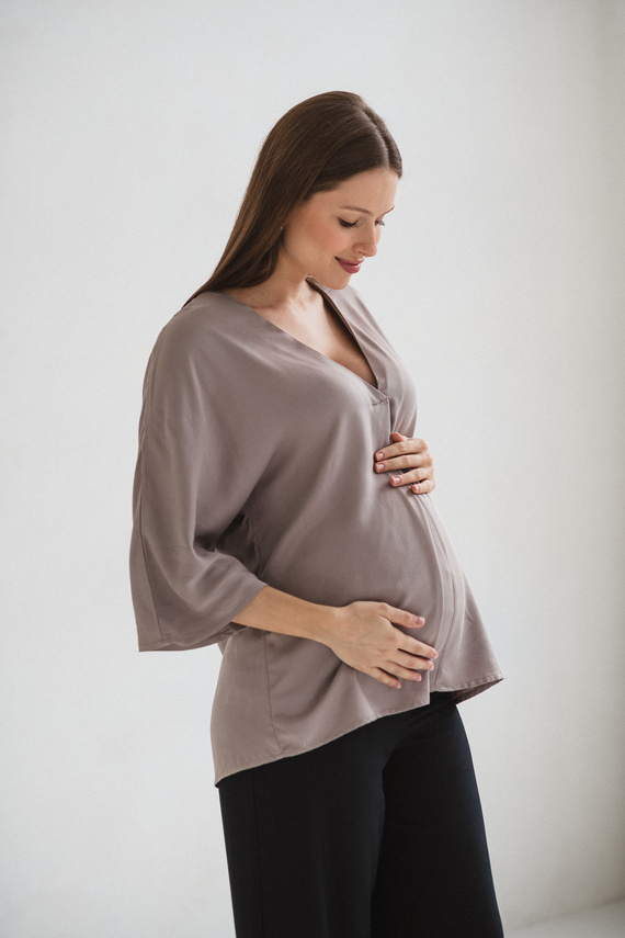 Mamafullness Milk&Love Umstands-Stillbluse, Beige – Viskose, 3/4 Ärmel, Übergröße
